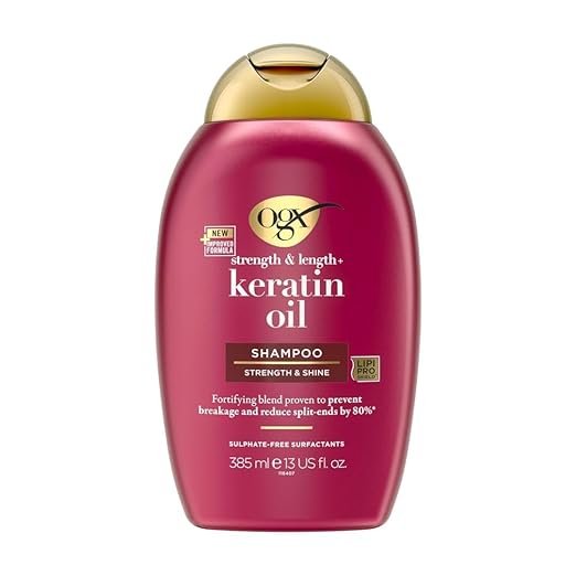 OGX Strength & Length + Keratin Oil Fortifying Anti-Frizz Shampoo for Damaged Hair Paraben-Free, 385ml