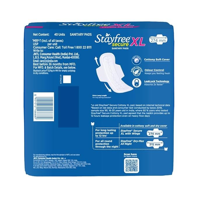 Stayfree Secure XL Sanitary Pads For Women, 40 Pads, Cottony Soft Cover - Image 2