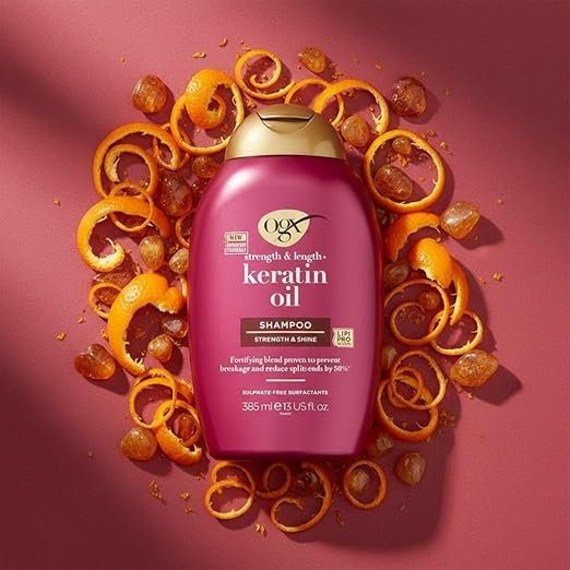 OGX Strength & Length + Keratin Oil Fortifying Anti-Frizz Shampoo for Damaged Hair Paraben-Free, 385ml - Image 2