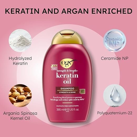 OGX Strength & Length + Keratin Oil Fortifying Anti-Frizz Shampoo for Damaged Hair Paraben-Free, 385ml - Image 4