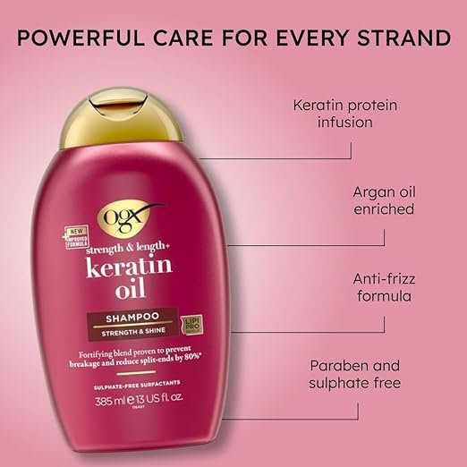 OGX Strength & Length + Keratin Oil Fortifying Anti-Frizz Shampoo for Damaged Hair Paraben-Free, 385ml - Image 3